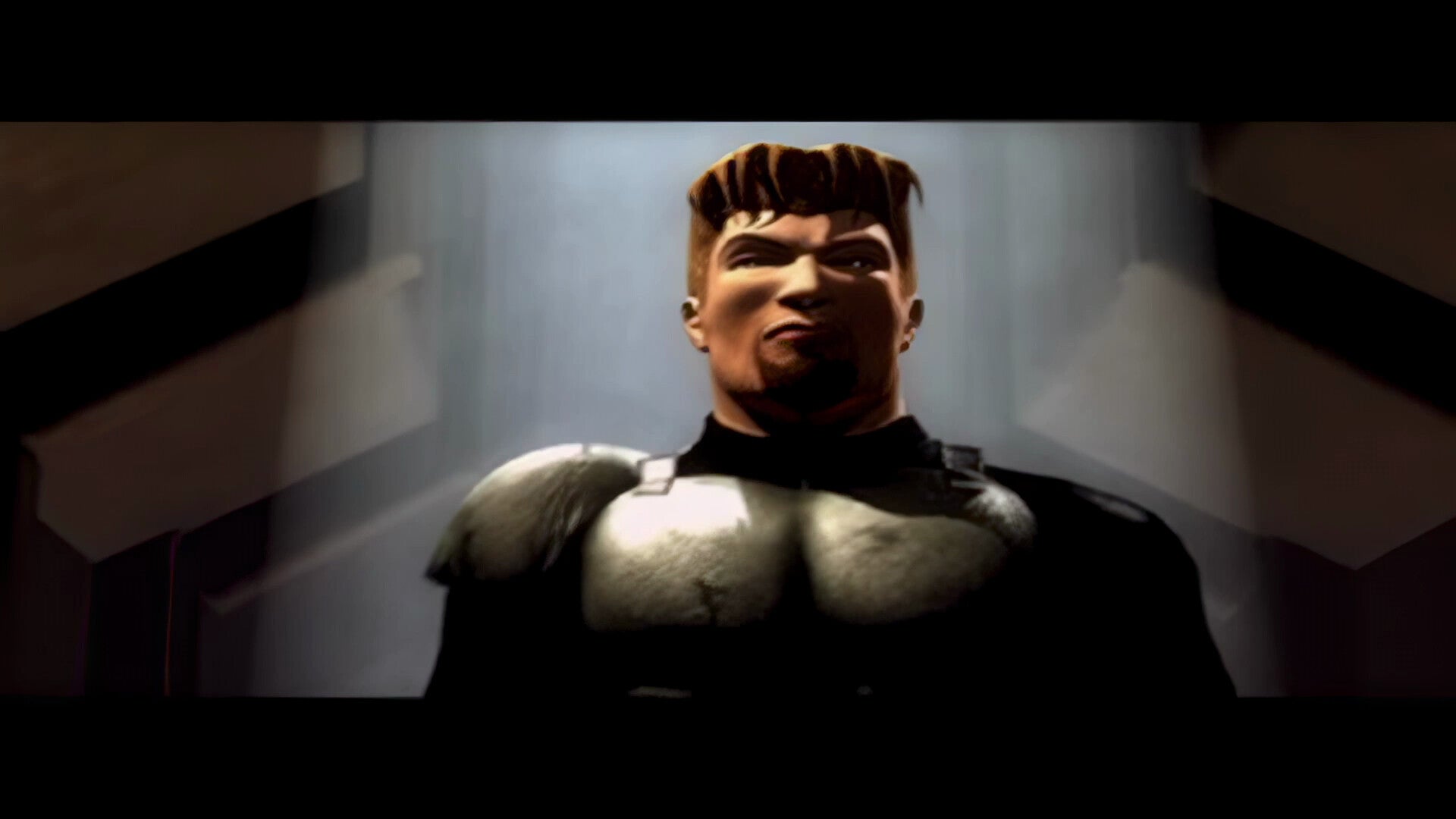 Superhero character in a dark costume with a serious expression in a dimly lit room.