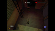 Screenshot of a first-person shooter game with player character and enemies in a dimly lit room.