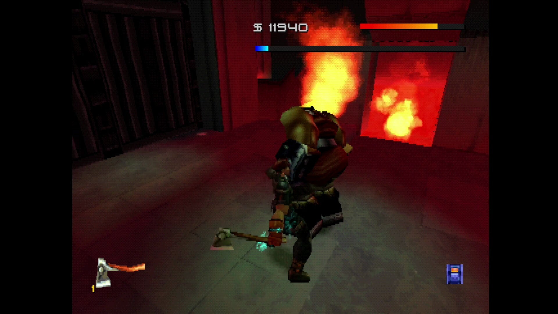 Character in a video game facing a fiery boss in a dimly lit room