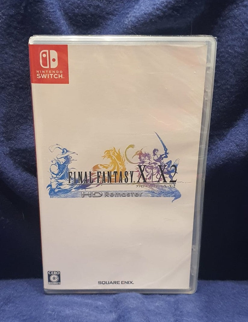 Nintendo Switch game case for 'Final Fantasy X + X-2 HD Remaster' on a blue fabric background
