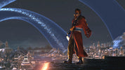 Character in futuristic attire standing on a bridge with a cityscape and dragon-like creatures in the background