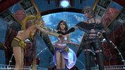 Three characters in a futuristic setting with a blue sky and clouds in the background.