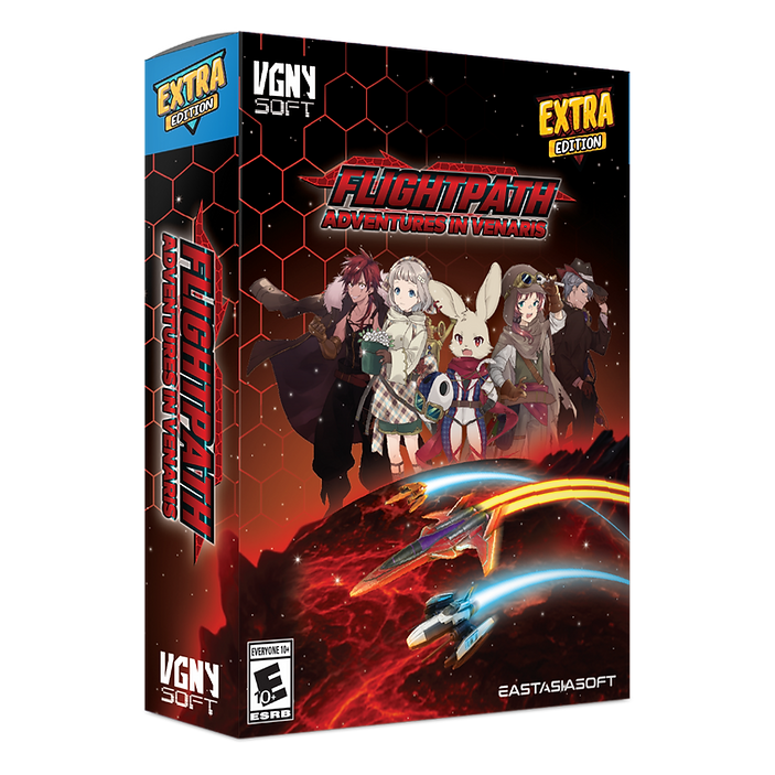 Video game box for 'Flightpath: Adventures in Veloria' with characters and spaceship on a dark background