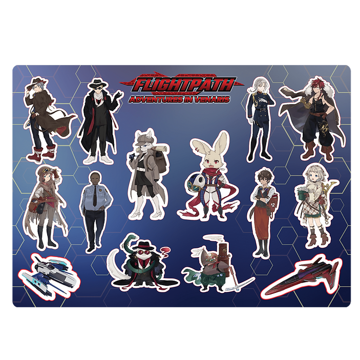 Collection of animated character stickers on a blue background with 'Flightpath' logo.