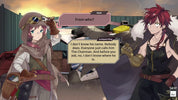 Two animated characters in a conversation with dialogue boxes in a stylized game interface.