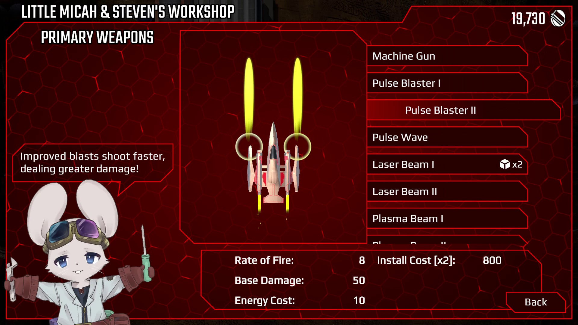 Weapon selection screen from a video game with character and weapon options.