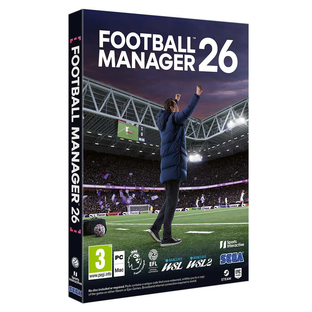 Box for 'Football Manager 26' with a coach on a soccer field and stadium in the background.