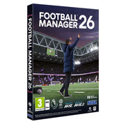 Box for 'Football Manager 26' with a coach on a soccer field and stadium in the background.