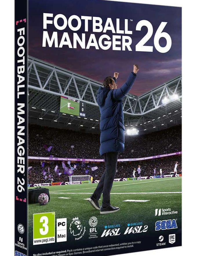 Box for 'Football Manager 26' with a coach on a soccer field and stadium in the background.