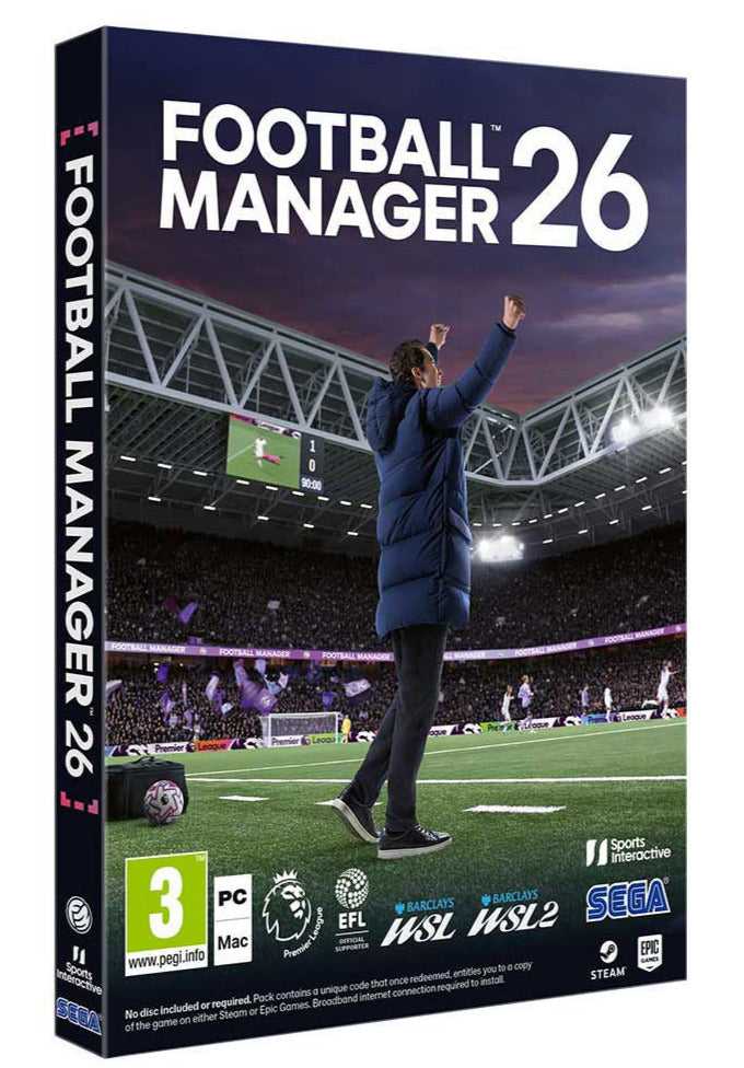 Box for 'Football Manager 26' with a coach on a soccer field and stadium in the background.
