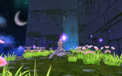 Character in a fantasy setting with stone walls, glowing flowers, and a night sky.