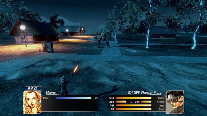 Screenshot of a video game with character portraits and stats displayed on a snowy night scene.
