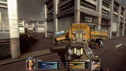Robotic character in a post-apocalyptic urban setting with a user interface overlay.