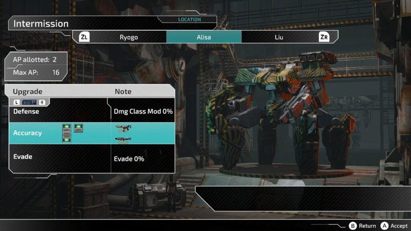 Game interface showing character stats and options with a robot in the background