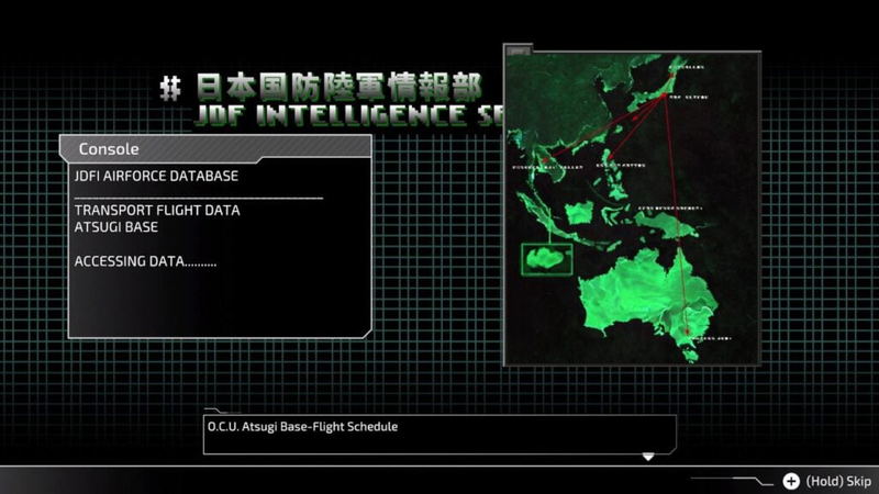 Interface screen from a video game with text and map, resembling an intelligence system.