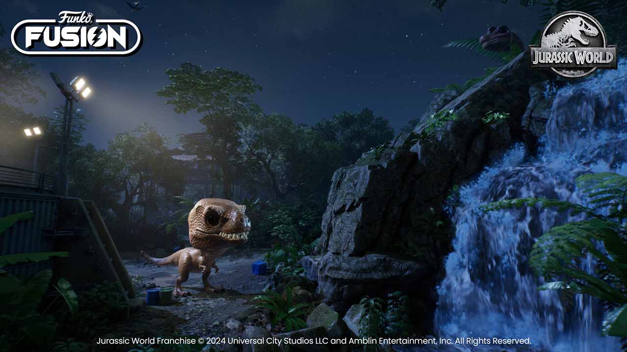 Dinosaur in a forest with a waterfall at night, featuring 'Jurassic World' branding.
