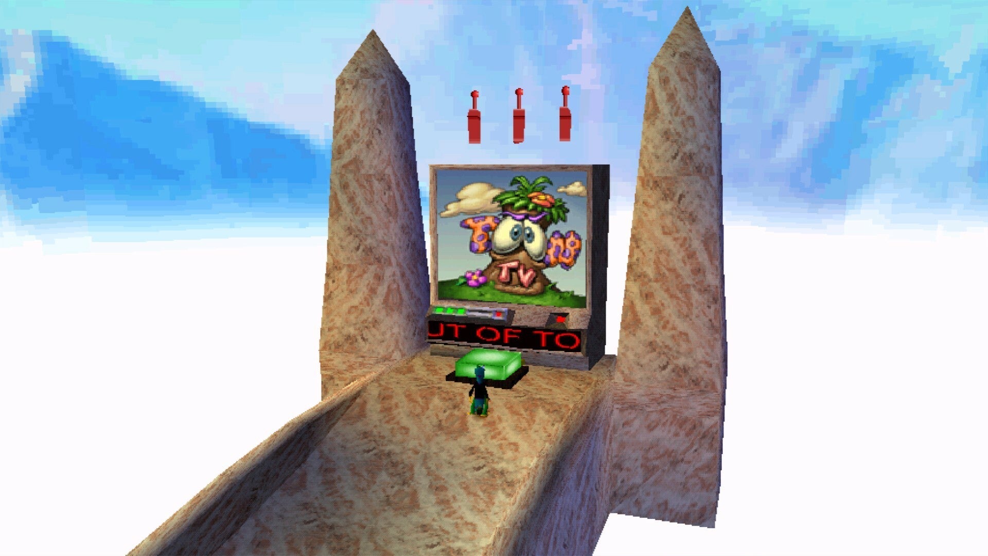 3D-rendered scene with a TV displaying a cartoon character, surrounded by stone pillars and a blue sky.