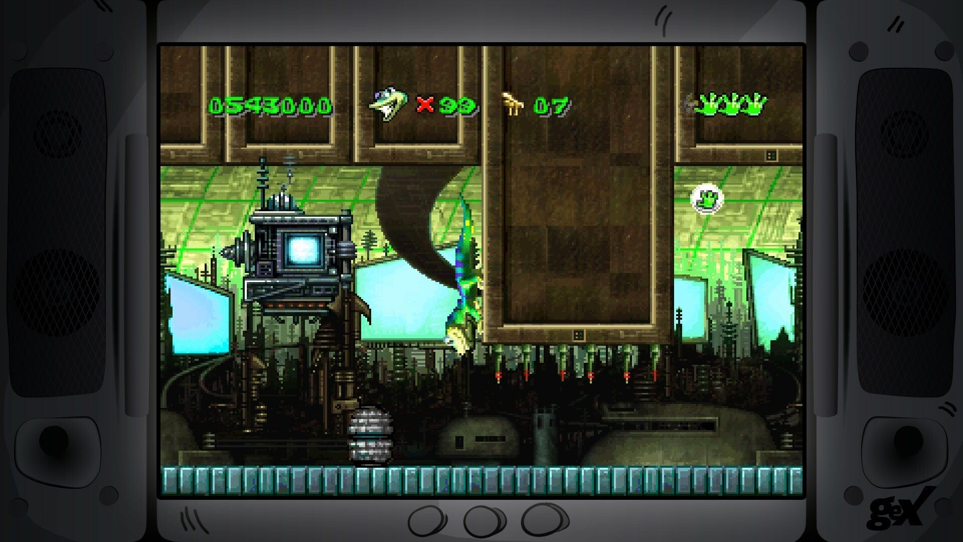 Video game screen with a retro design, featuring a robot and industrial elements.