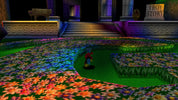 Video game level with colorful floor design and character in the center