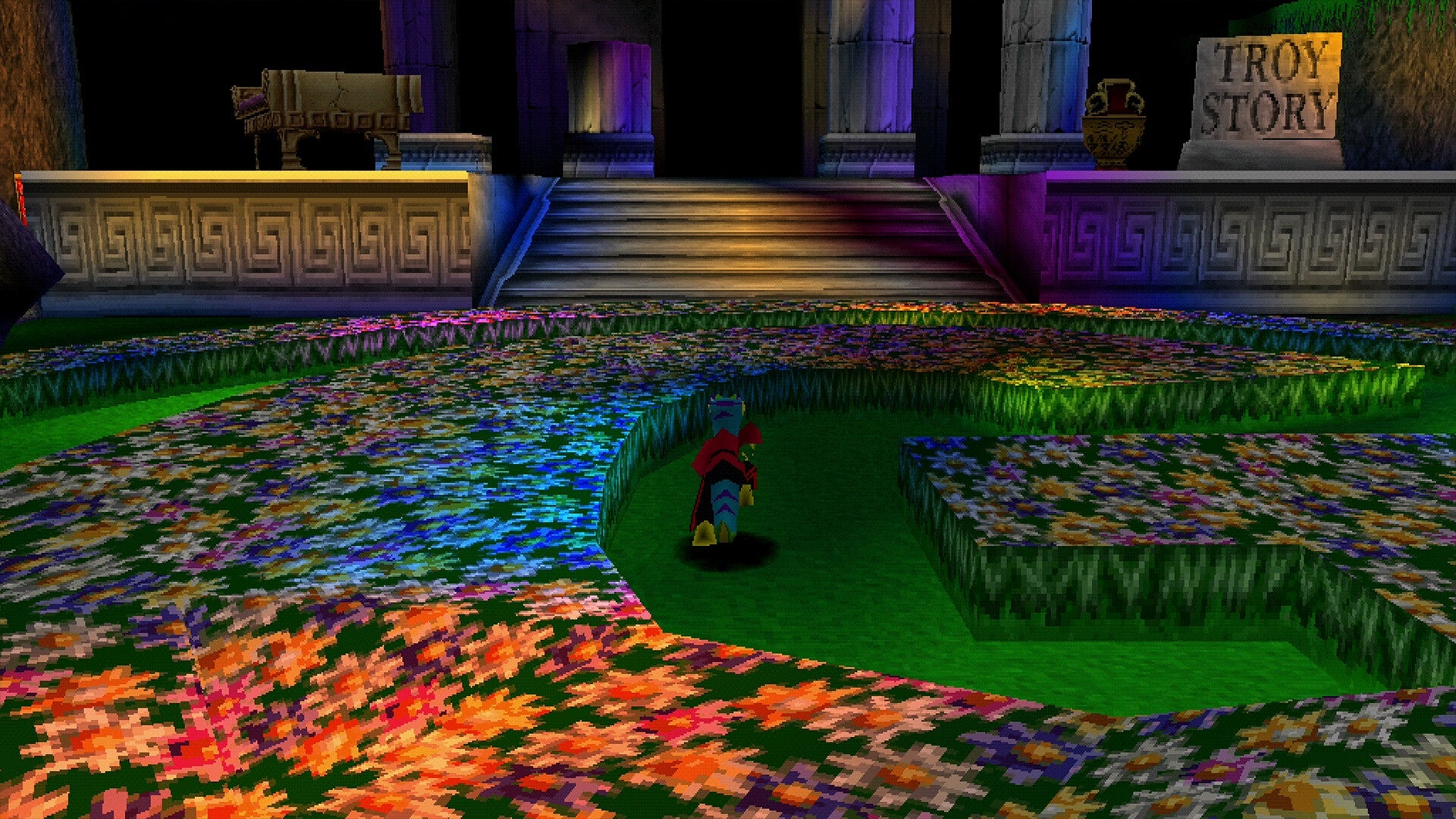 Video game level with colorful floor design and character in the center