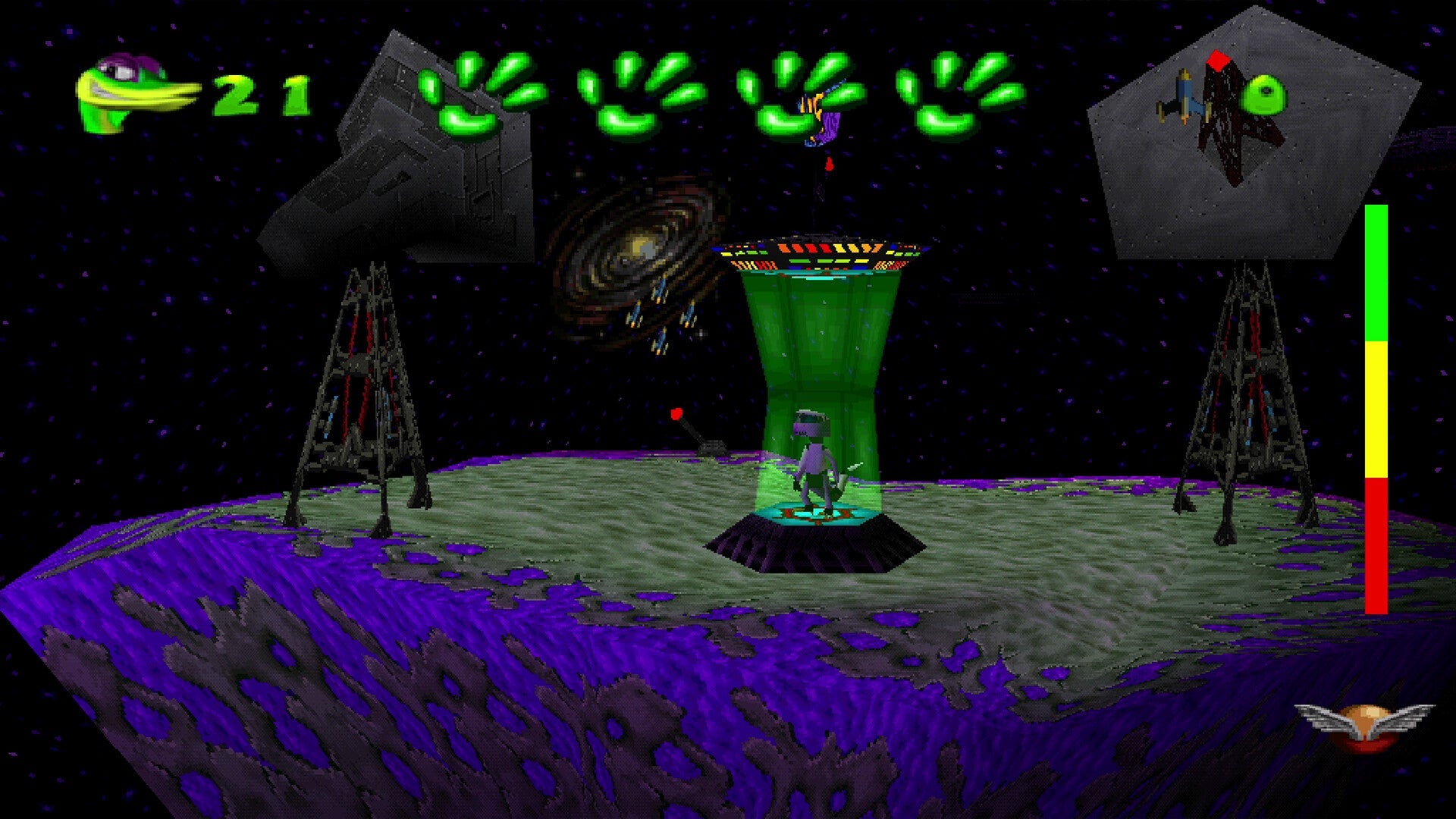 Screenshot of a retro-style space game with alien characters and green energy beams.