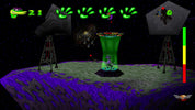 Screenshot of a retro-style space game with alien characters and green energy beams.