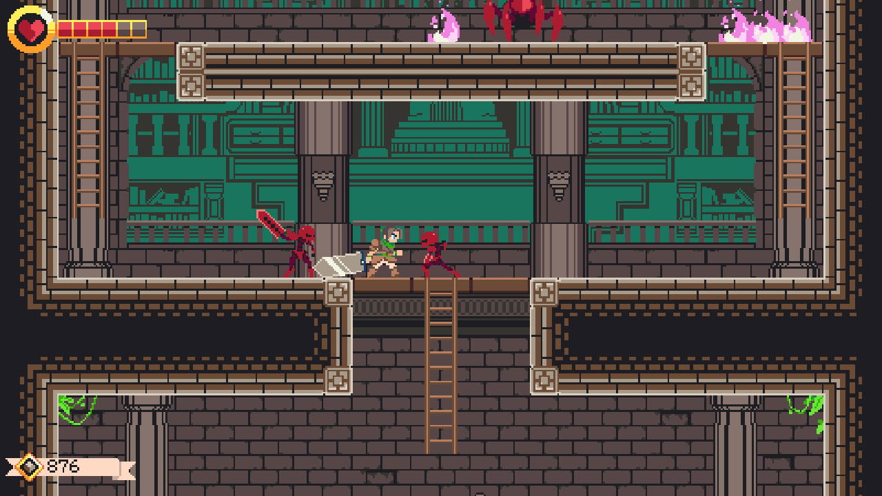Pixel art game scene with characters and platforms