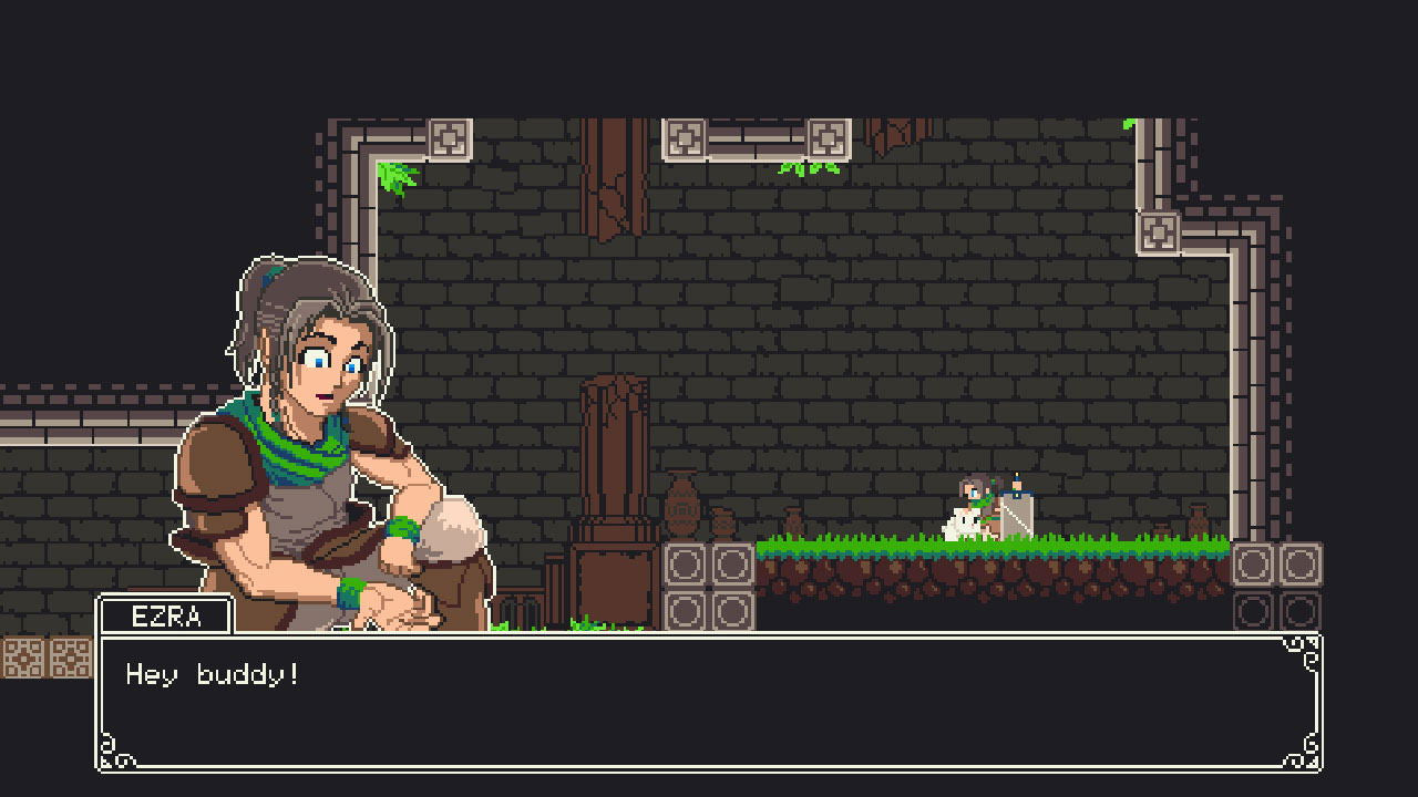 Pixel art character in a dungeon setting with text box at the bottom