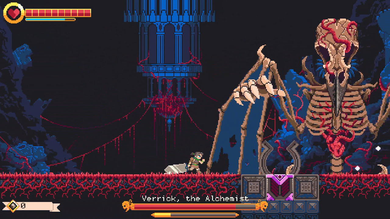 Pixel art scene from a video game with a character facing a large, skeletal figure labeled 'Verrick, the Alchemist' in a dark, gothic setting.