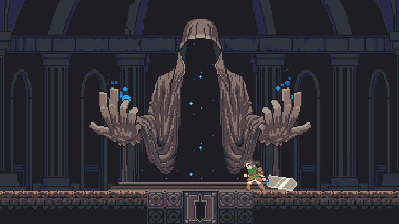 Pixel art scene with a large, hooded figure and a small character in a dark, like setting.