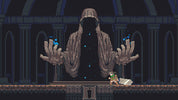 Pixel art scene with a large, hooded figure and a small character in a dark, like setting.