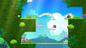 Cartoon character in a colorful, animated landscape with greenery and a blue sky.