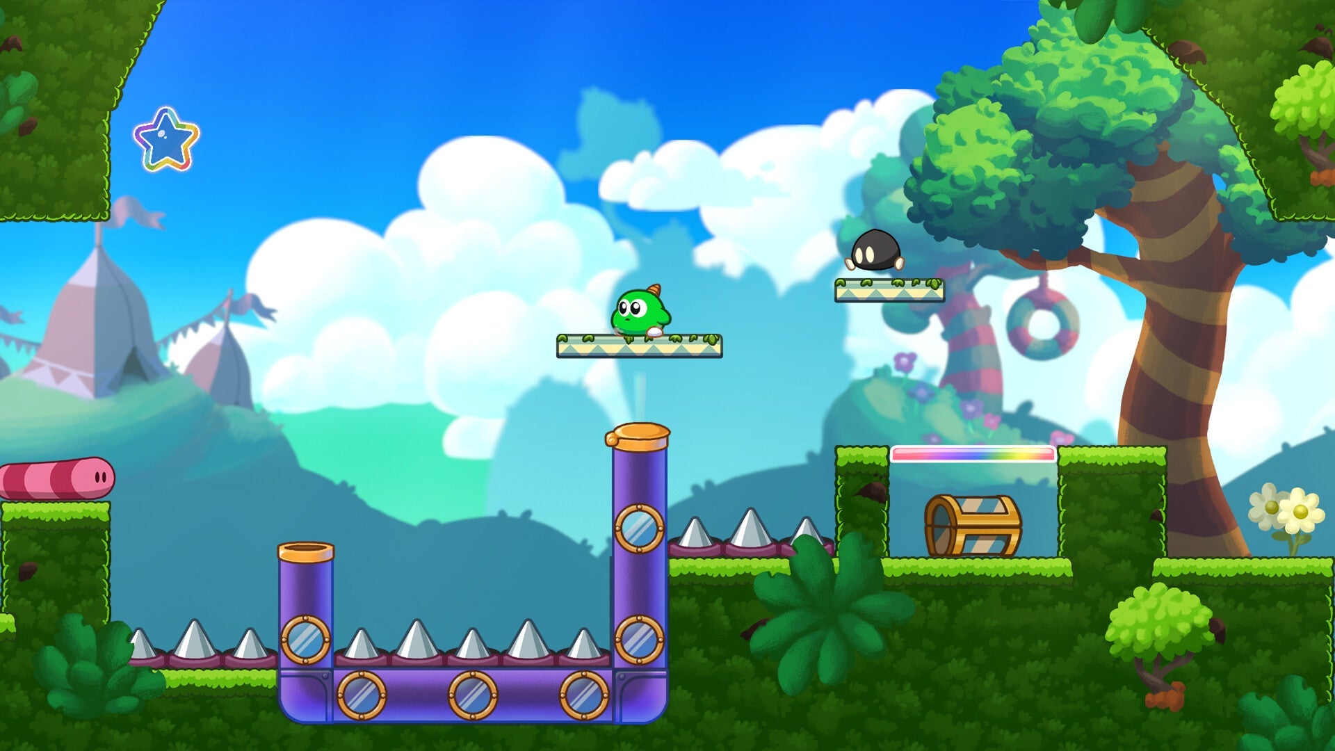 Cartoon character in a colorful platform game environment with green grass, trees, and blue sky.