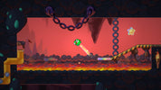 Game level with a character in a green shell, chains, and pipes against a red sky.