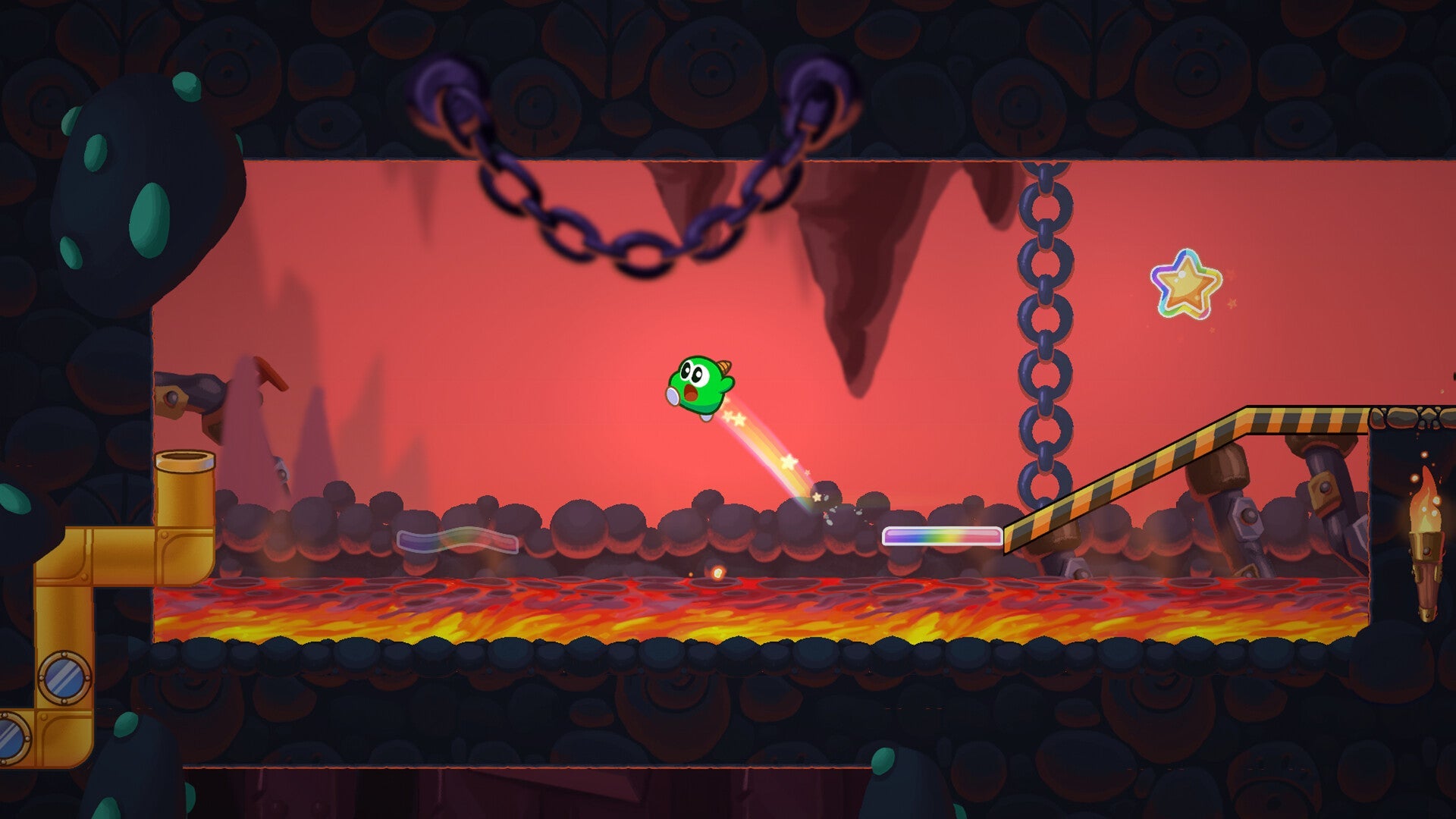 Game level with a character in a green shell, chains, and pipes against a red sky.