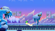 Game level with ice platforms and characters in a snowy landscape