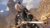 Character in fantasy attire holding a sword with a desert landscape in the background