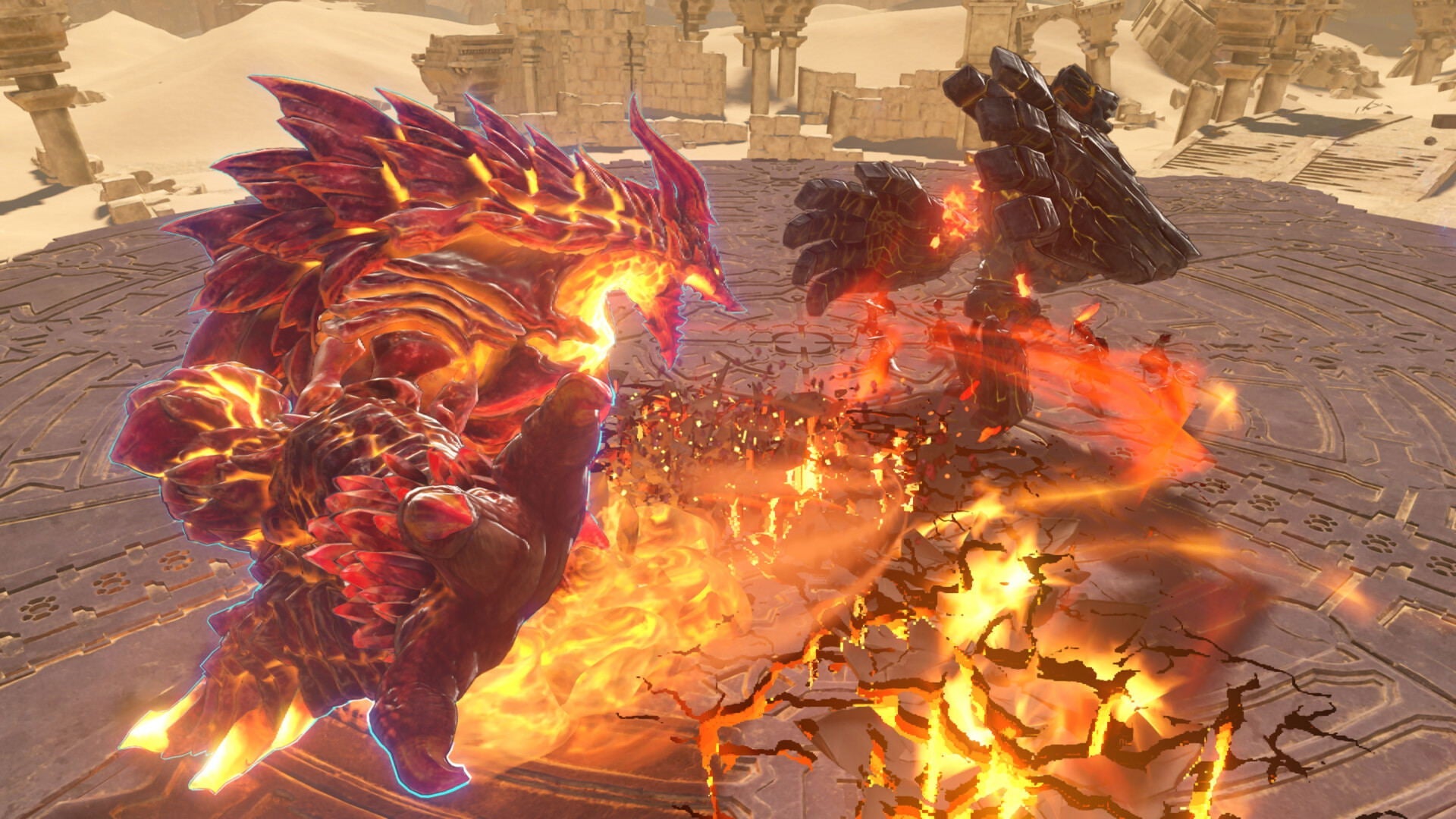 Fantasy creature with fiery effects in a game-like setting