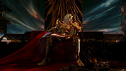 Character in ornate armor sitting on a throne with a dark, mystical background