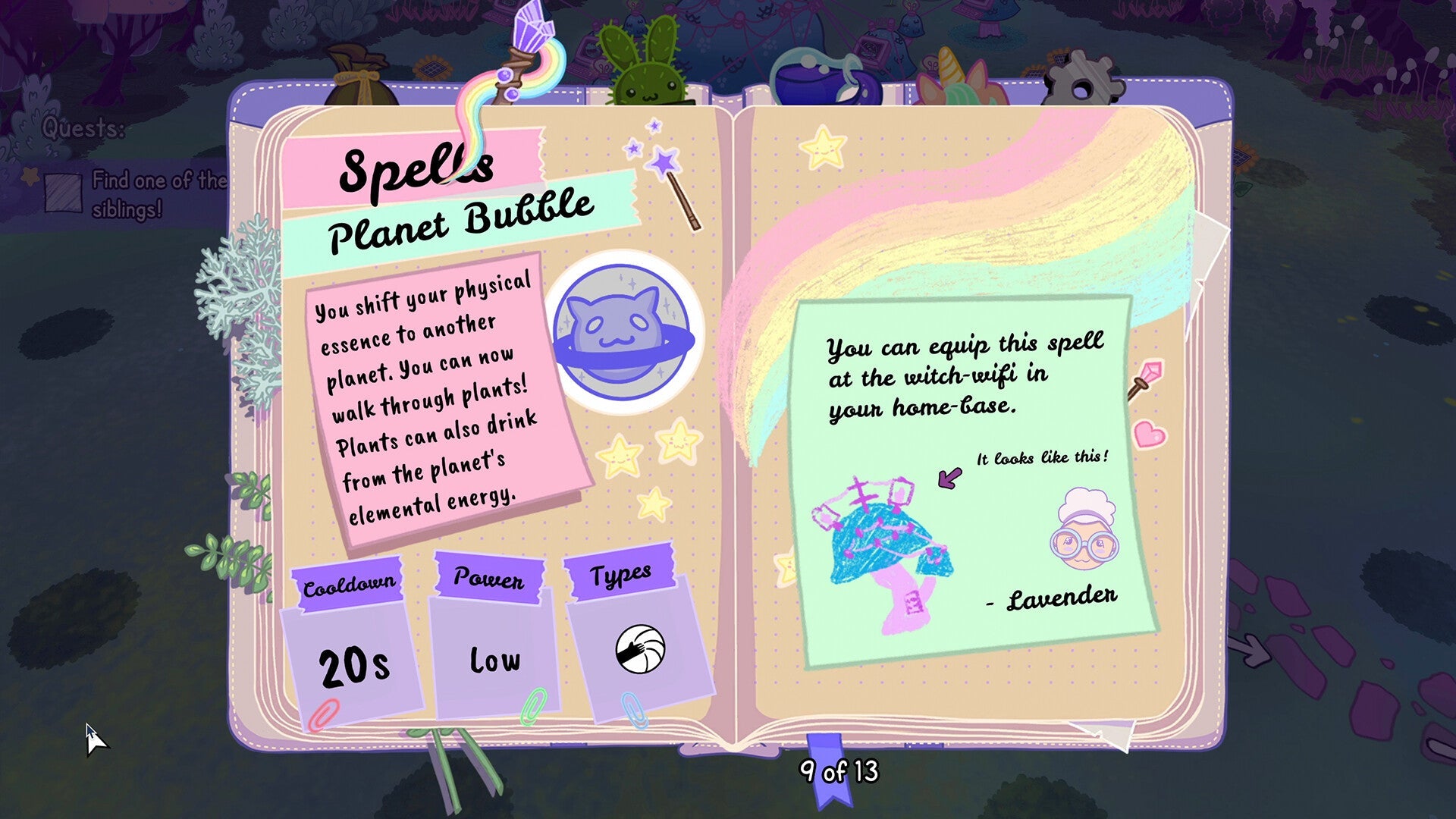 Game interface showing a spell book with 'Spells Planet Bubble' details.