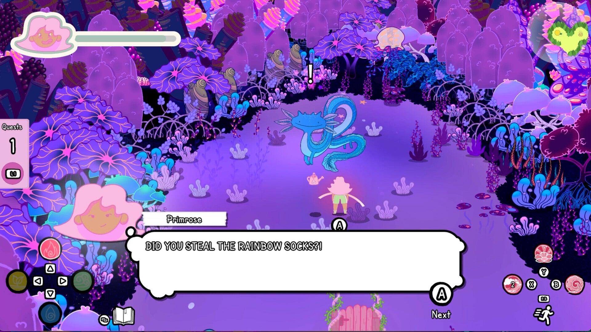 Colorful animated scene with characters and text on a purple background