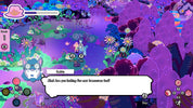 Colorful animated scene with a character and text box in a vibrant, cartoon-like environment.