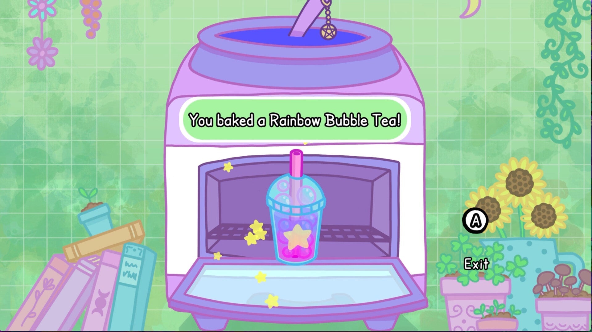 Screenshot from a game or app showing a rainbow bubble tea being baked in an oven with decorative elements.