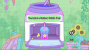 Screenshot from a game or app showing a rainbow bubble tea being baked in an oven with decorative elements.