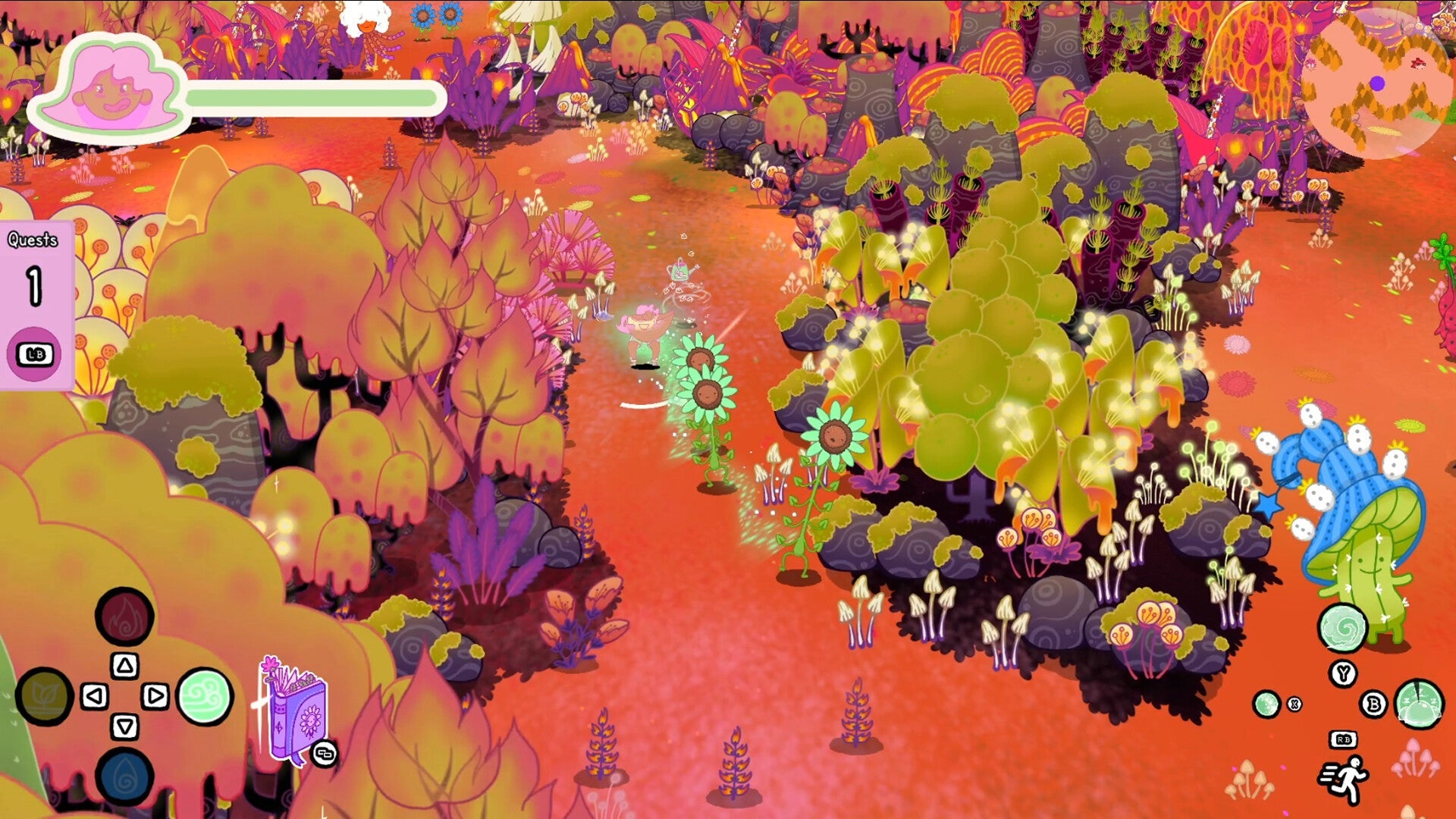 Colorful animated scene with various characters and elements in a vibrant landscape.