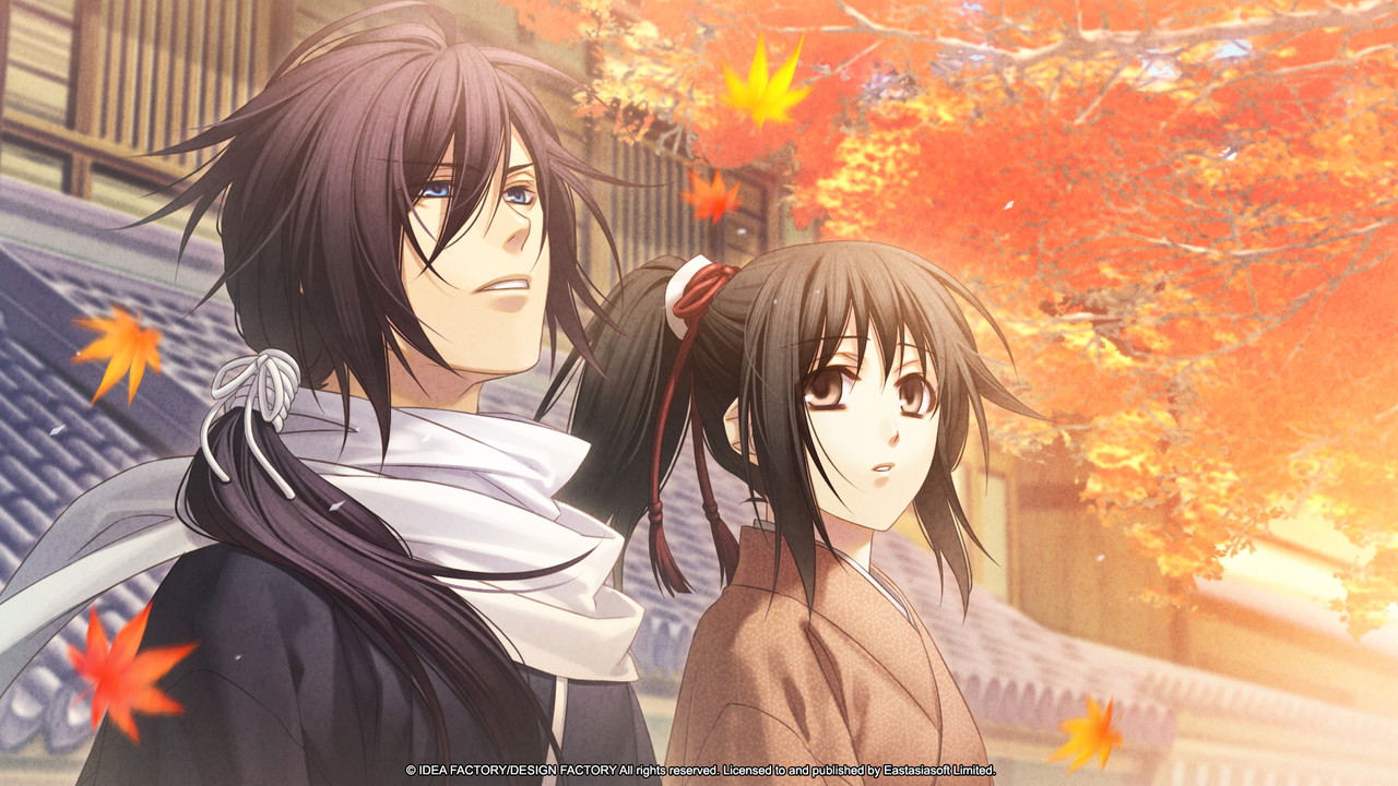 Two animated characters standing together with autumn leaves in the background