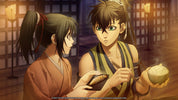 Two animated characters in a traditional setting, one holding a bowl of rice and the other a piece of bread.