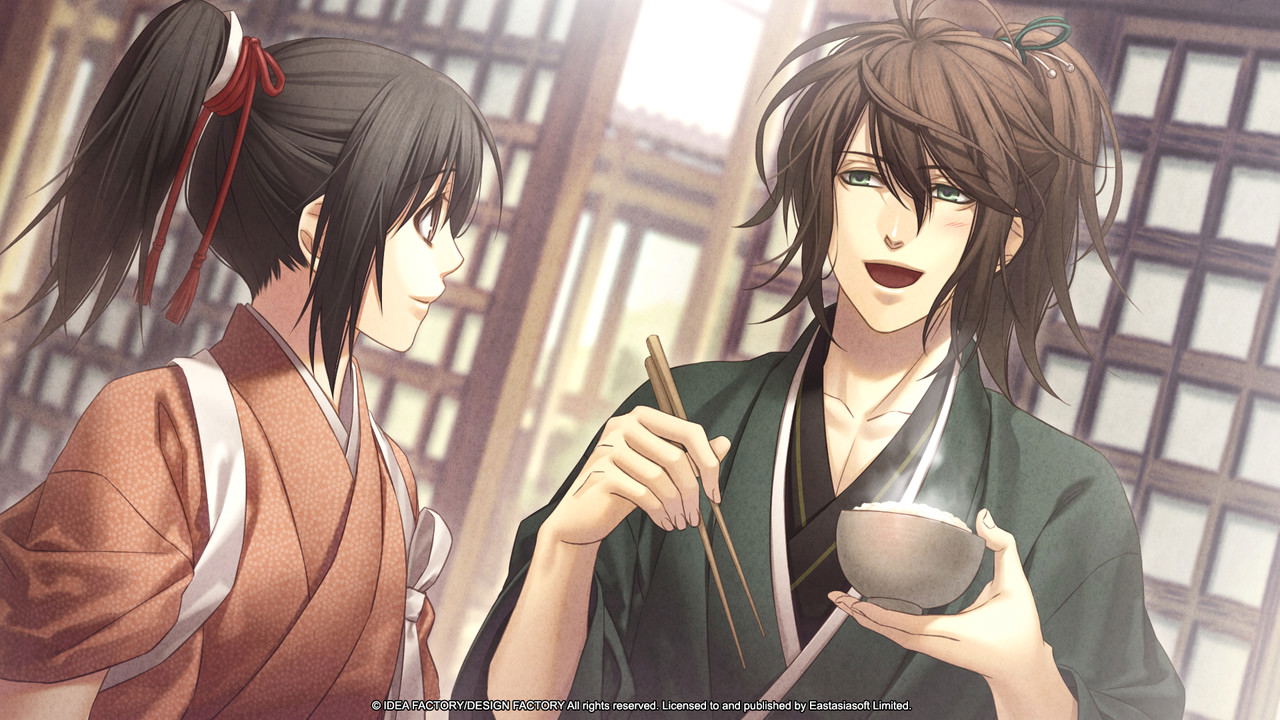 Two animated characters in traditional attire with a blurred indoor background