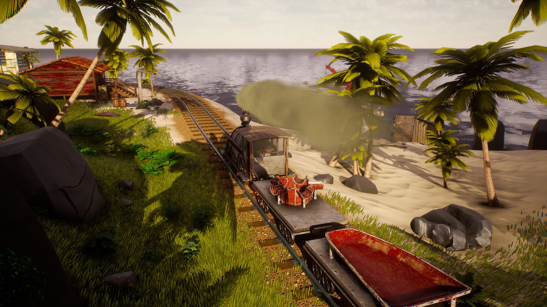 Train on a track near a tropical beach with palm trees and ocean view