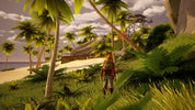 Character in a tropical setting with palm trees and a building in the background